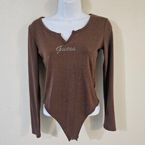 Guess Rhinestone Logo Brown Bodysuit - Size S